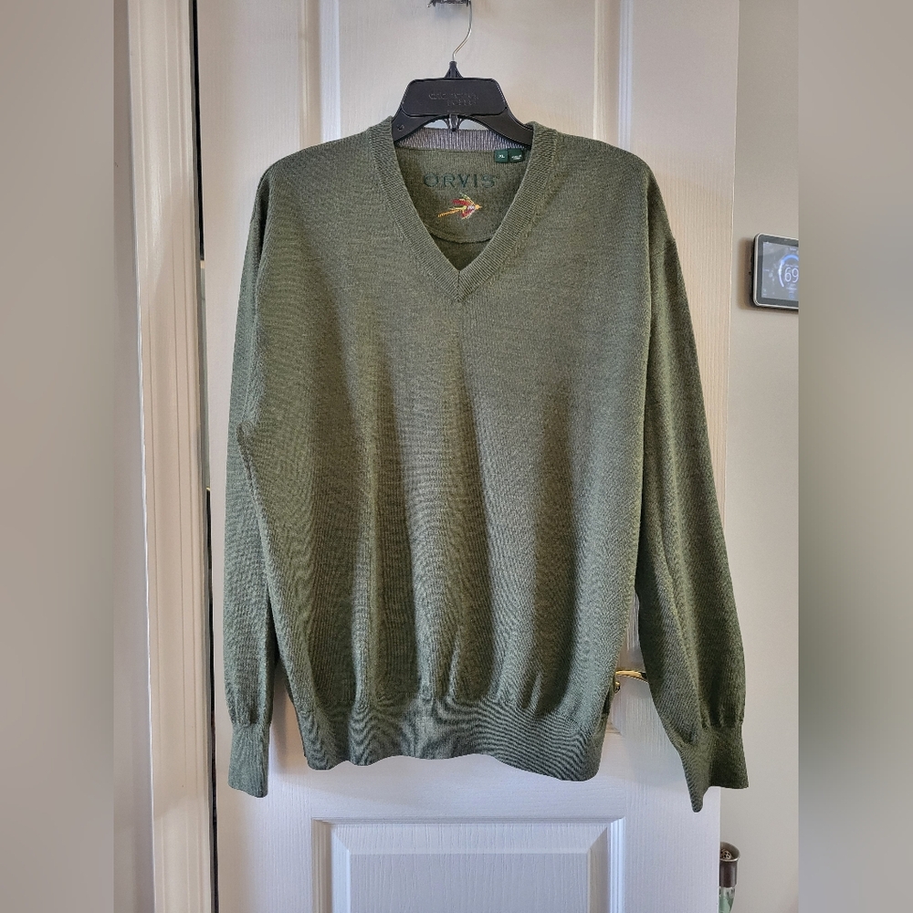 Orvis Men’s 100% Merino Wool Pique V-Neck Sweater Moss Green Size XL